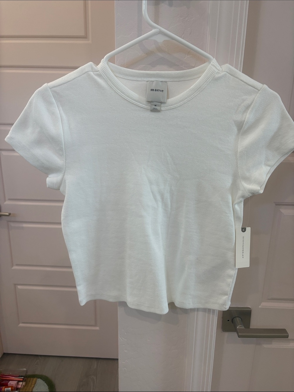Maeve White Ribbed Short Sleeve Tee